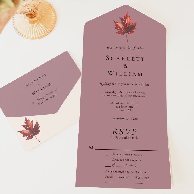 Invitación Todo En Uno Simple Mauve Entree RSVP Boda de la hoja de otoño  (Subido por el creador)