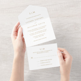 Invitación Todo En Uno Simple Monograma Dorado Antiguo Elegante Boda