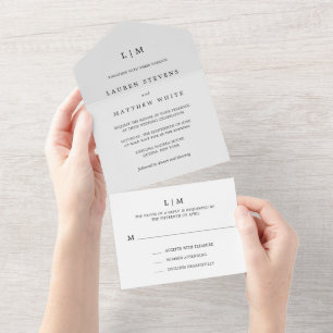 Invitación Todo En Uno Simple Monograma Gris Claro Elegante Boda