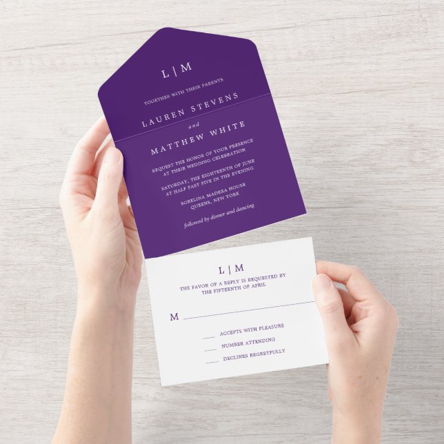 Invitación Todo En Uno Simple Monograma Purple Elegante Boda (desgarro)