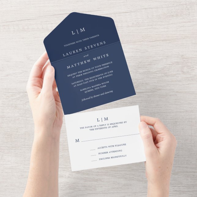 Invitación Todo En Uno Simple Navy Blue Monograma Elegante Boda (desgarro)