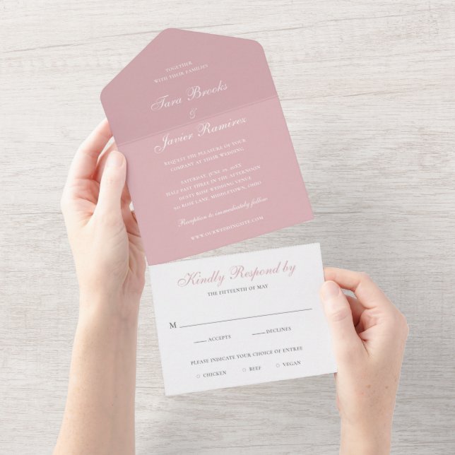 Invitación Todo En Uno Simple Rosa Polvorienta Boda Elegante Rosa (desgarro)