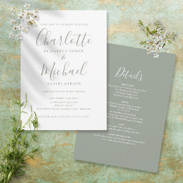 Invitación Todo En Uno Simple Script Bodas Verde Salvia