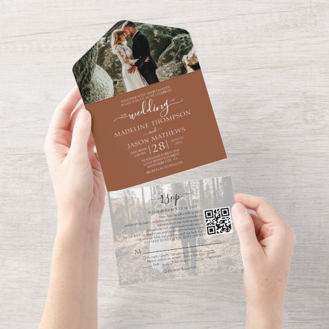 Invitación Todo En Uno Simple Terracota 2 Foto Código QR Código RSVP Boda (desgarro)