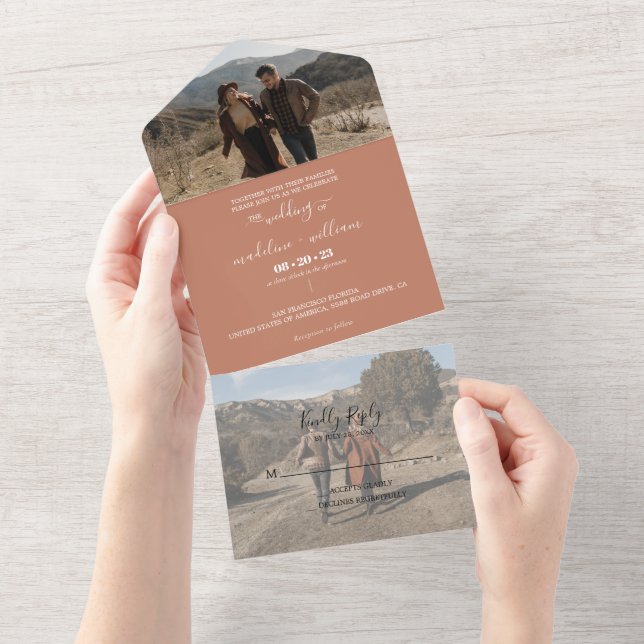 Invitación Todo En Uno Simple Terracotta Boho Boda de fotografía de moda (desgarro)