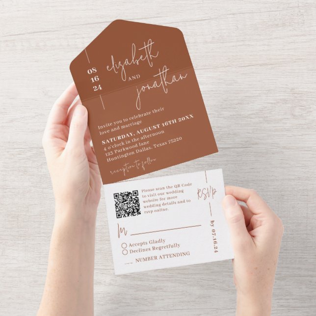 Invitación Todo En Uno Simple Terracotta QR Código Boda de guiones con cl (desgarro)