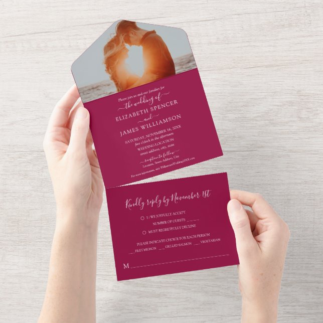 Invitación Todo En Uno Simple y elegante matrimonio de fotos RSVP Cranber (desgarro)