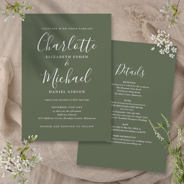 Invitación Todo En Uno Simple y Elegante Script Bodas de Oliv (All In One Simple Elegant Script Olive Wedding Invitation)