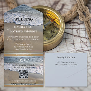 Invitación Todo En Uno Simple y turbia boda de arena azul