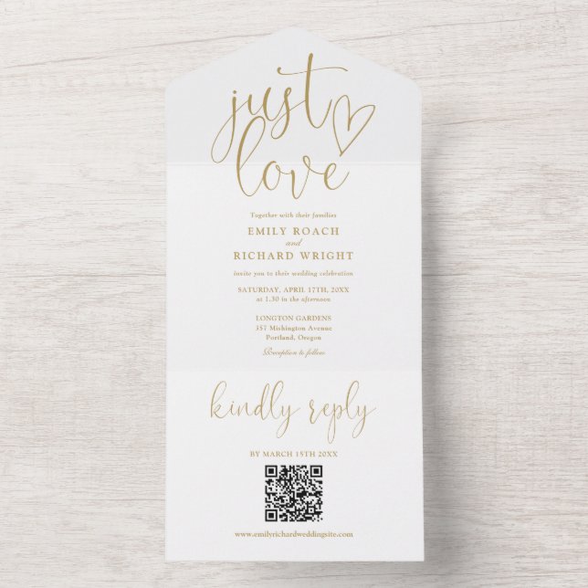 Invitación Todo En Uno Simplemente ama el código QR moderno Chic Gold Wed (Interior)
