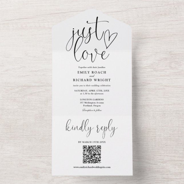 Invitación Todo En Uno Simplemente Amo El Código QR Moderno Boda Blanco Y (Interior)