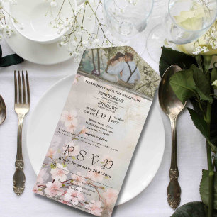 Invitación Todo En Uno Sitio web de fotos de mauve gray Pink Cherry Bloss