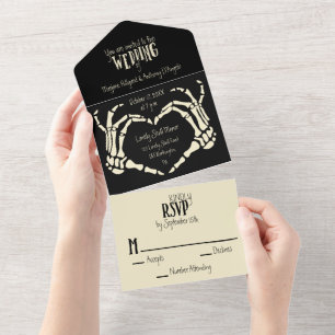 Invitación Todo En Uno Skeleton con forma de corazón Manos Boda del coraz