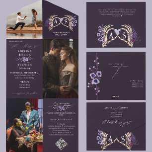 Invitación Todo En Uno Skeleton gótico Manos Oscuras Romance Boda floral