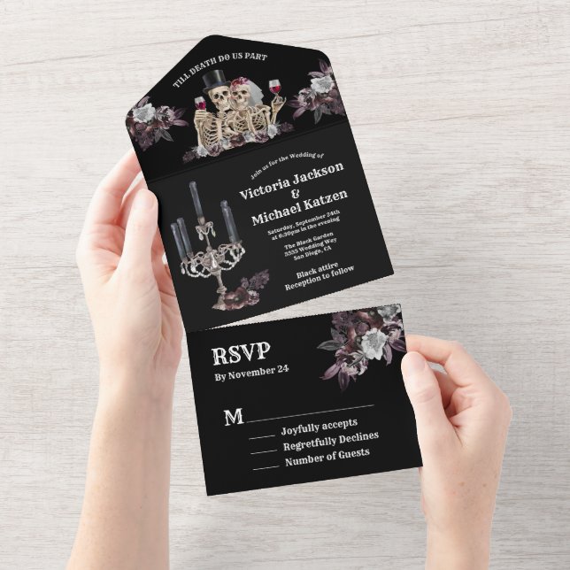 Invitación Todo En Uno Skeleton gótico Pareja Boda floral (desgarro)