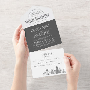 Invitación Todo En Uno Skyline Charlotte Deco   Boda Gris