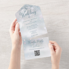 Invitación Todo En Uno Snowflakes Código QR Boda de Invierno Monograma