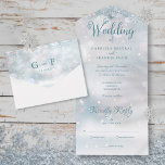 Invitación Todo En Uno Snowflakes Elegant Script Winter Wedding<br><div class="desc">Toda una invitación a una boda de invierno con copos de nieve en un fondo de helada de invierno. La invitación incluye una tarjeta RSVP perforada que puede ser dirigida individualmente o dejada en blanco para que usted escriba a mano los detalles de la dirección de su invitado. Diseñado por...</div>