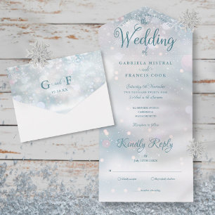 Invitación Todo En Uno Snowflakes Elegant Script Winter Wedding