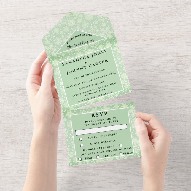 Invitación Todo En Uno Snowflakes Snow Green Winter Wonderland Boda (desgarro)