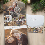 Invitación Todo En Uno Snowy Winter Village Cuatro Collages de fotos<br><div class="desc">Ilustracion de vacaciones pintoresco con una hilera de casas con techos cubiertos de nieve,  tres plantillas de fotos cuadradas y una plantilla de fondo fotográfico orientado a retratos con campos de texto editables.</div>