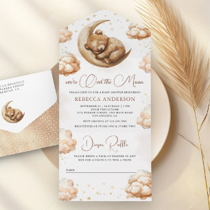 Invitación Todo En Uno Sobre la luna durmiendo Teddy Bear Boho Baby Showe