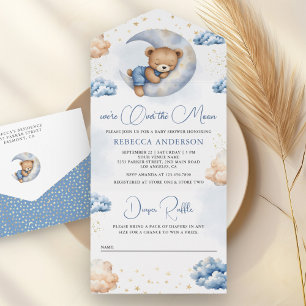 Invitación Todo En Uno Sobre la luna durmiente Teddy Bear Azul Baby Showe