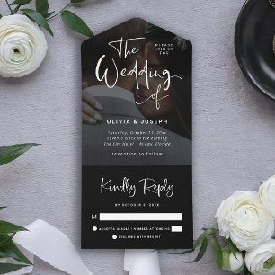 Invitación Todo En Uno Sobreposición negra moderna con blanco Boda foto