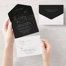Invitación Todo En Uno Sofisticada caligrafía Boda blanco de oro negro