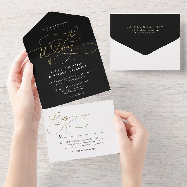 Invitación Todo En Uno Sofisticada caligrafía Boda blanco de oro negro (Subido por el creador)
