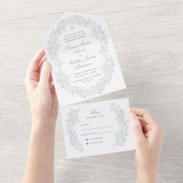 Invitación Todo En Uno Sofisticado Boda Azul Dusty Script Clásico