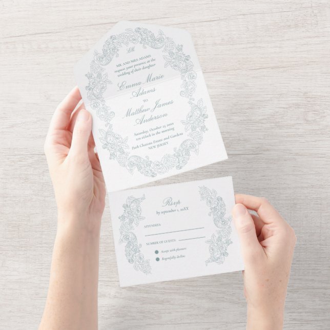Invitación Todo En Uno Sofisticado Boda Azul Dusty Script Clásico (desgarro)