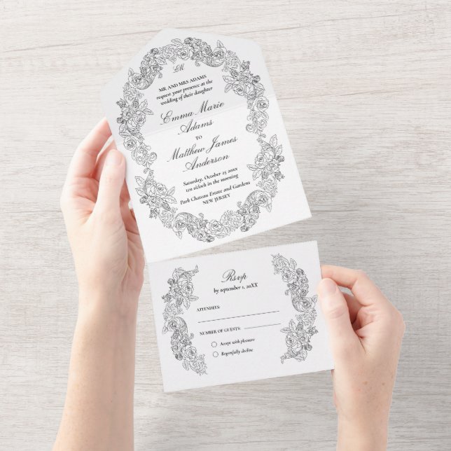 Invitación Todo En Uno Sofisticado Boda blanco y negro con guión clásico (desgarro)