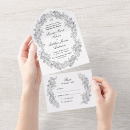 Invitación Todo En Uno Sofisticado Boda blanco y negro con guión clásico