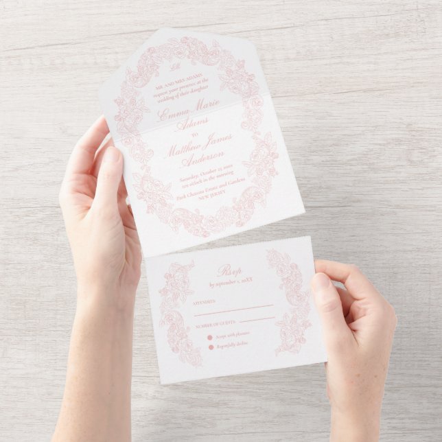 Invitación Todo En Uno Sofisticado Boda rosa Rubor con guión clásico (desgarro)