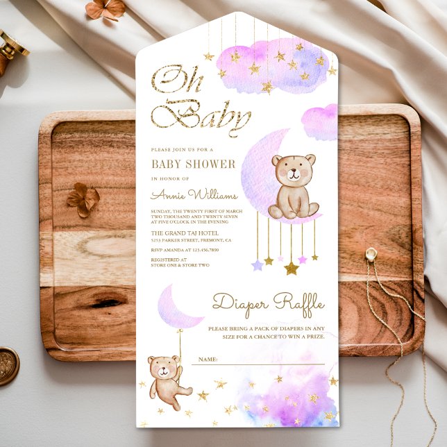 Invitación Todo En Uno Soft Purple Moon Cute Teddy Bear Baby Shower (Subido por el creador)