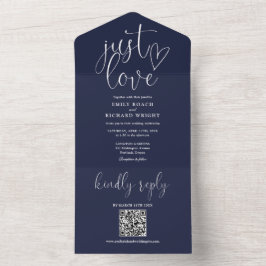 Invitación Todo En Uno Solo ama el código QR moderno azul marino boda