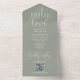 Invitación Todo En Uno Solo ama el código QR moderno de boda verde salvia