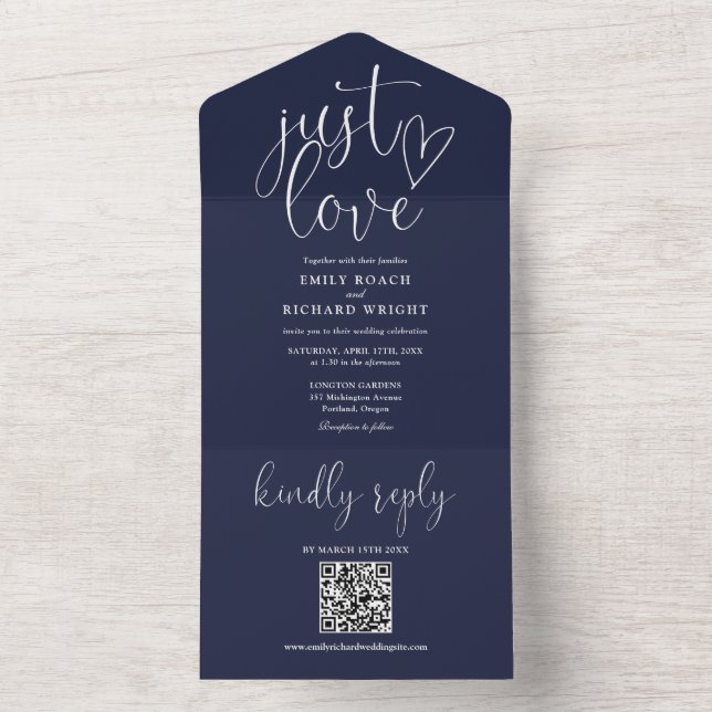 Invitación Todo En Uno Sólo me encanta el código QR moderno Boda azul de  (Interior)