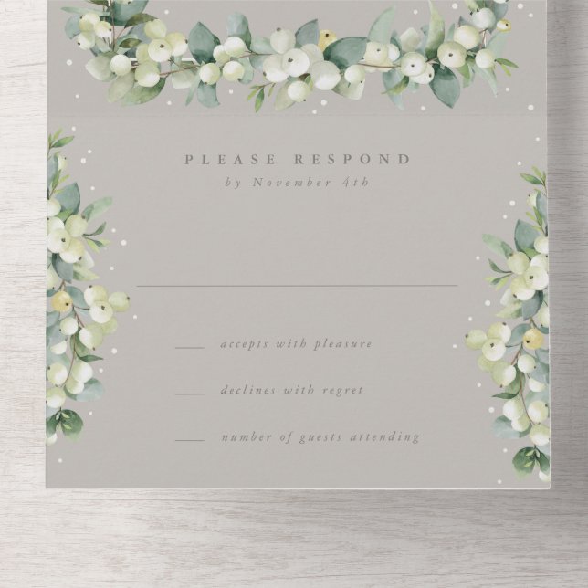 Invitación Todo En Uno Solo recepción Taupe/Greige Snowberry+Eucalyptus (Fondo interior)