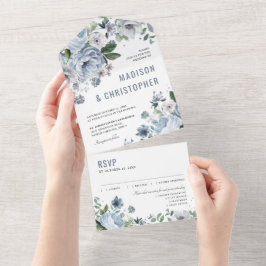 Invitación Todo En Uno Sombras de gris y turbio invierno azul Boda Rústic