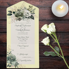 Invitación Todo En Uno Sombras de la floral verde sobre el amarillo