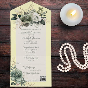 Invitación Todo En Uno Sombras de la floral verde sobre el código QR amar