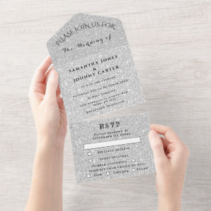 Invitación Todo En Uno Sparkle plateado RSVP Elegante Boda moderno todo e