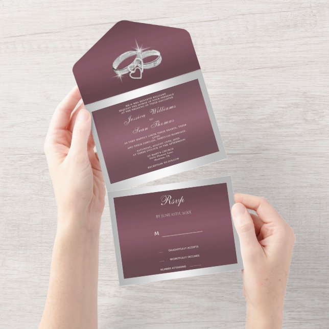 Invitación Todo En Uno Sparkly Silver Rings & Burgandy Boda (desgarro)