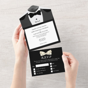 Invitación Todo En Uno Sr. blanco negro   Foto del boda masculino de la p