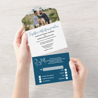 Invitación Todo En Uno Sr. y Sr. azul blanco simple y elegante boda de FO