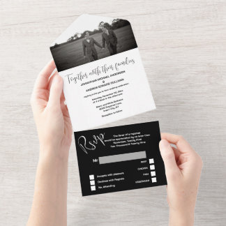 Invitación Todo En Uno Sr. y Sr. negro blanco simple y elegante boda de F