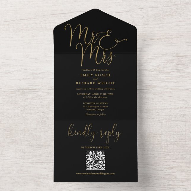 Invitación Todo En Uno Sr. Y Sra. Modern QR Code Black And Gold Boda (Interior)