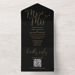Invitación Todo En Uno Sr. Y Sra. Modern QR Code Black And Gold Boda